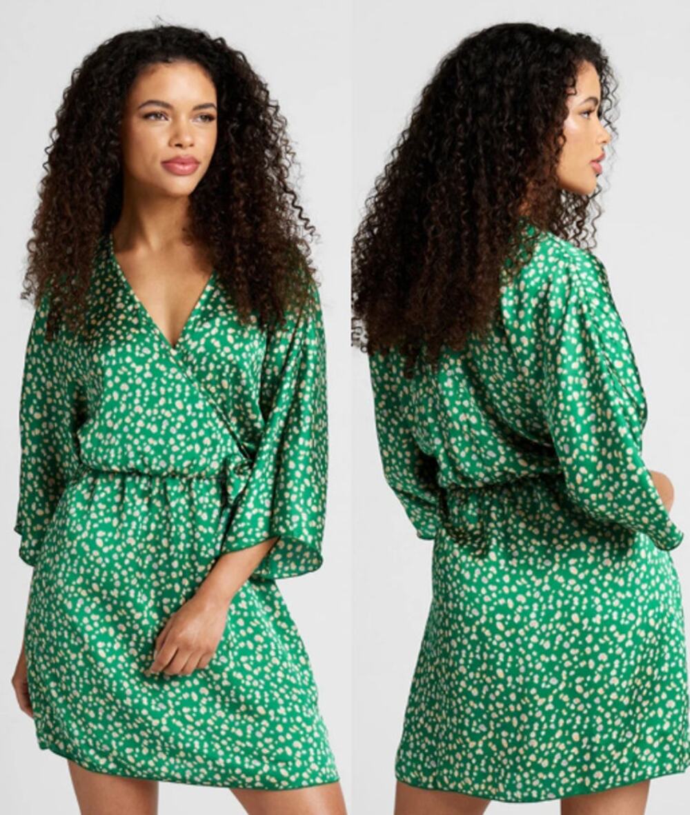 ModCloth Kimono Kuteness Satin Mini Wrap Dress Emerald Green Women's XS NWT
